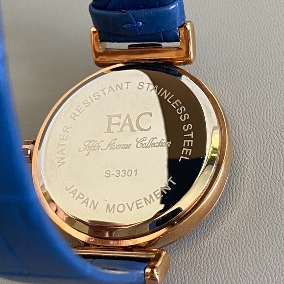 FAC Rose Gold Crystal Blue Leather Strap Watch NWT - Picture 6 of 10